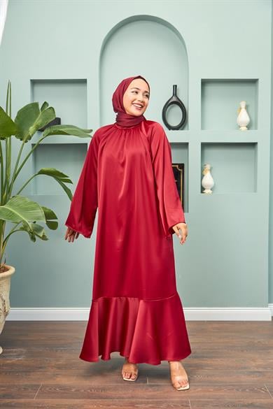 Satin Evening Dress with Tie Waist - Red