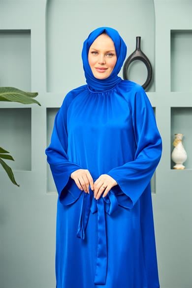 Satin Evening Dress with Tie Waist - Saks Blue