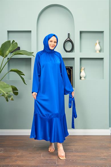 Satin Evening Dress with Tie Waist - Saks Blue