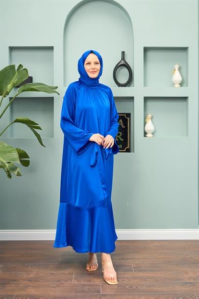 Satin Evening Dress with Tie Waist - Saks Blue