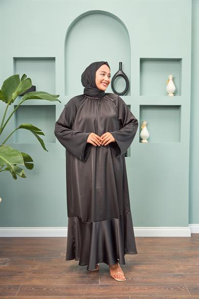 Satin Evening Dress with Tie Waist - Black