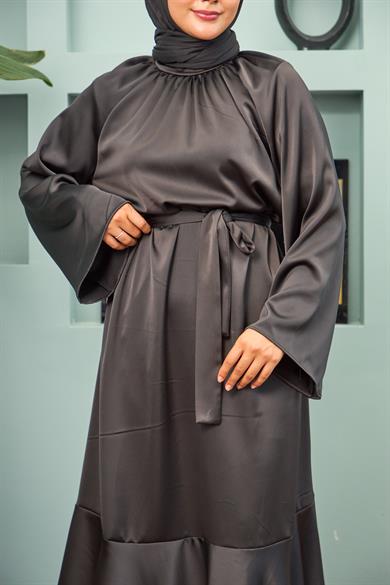 Satin Evening Dress with Tie Waist - Black