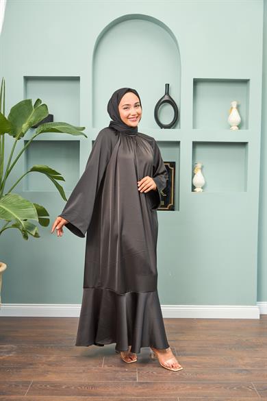 Satin Evening Dress with Tie Waist - Black