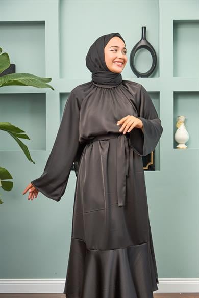 Satin Evening Dress with Tie Waist - Black