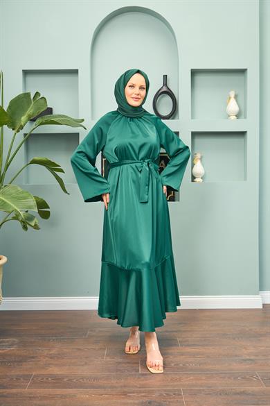 Satin Evening Dress with Tie Waist - Emerald Green
