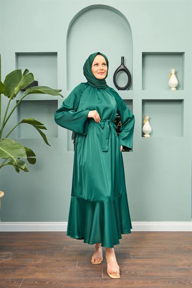 Satin Evening Dress with Tie Waist - Emerald Green