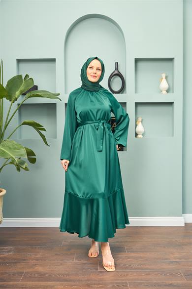 Satin Evening Dress with Tie Waist - Emerald Green