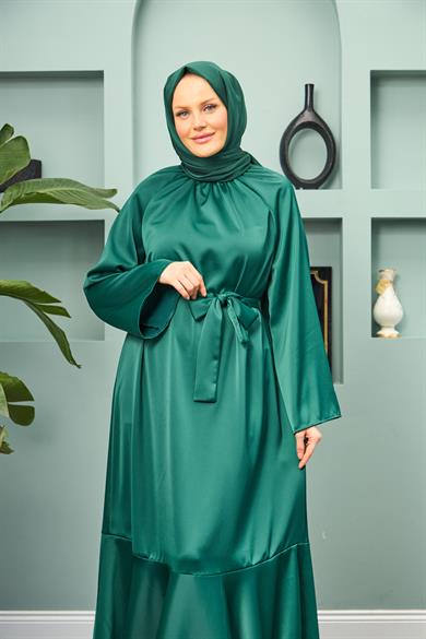 Satin Evening Dress with Tie Waist - Emerald Green