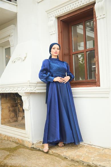 Beli Flower Stone Patterned Evening Dress - Navy Blue