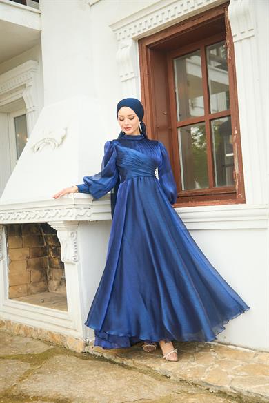 Beli Flower Stone Patterned Evening Dress - Navy Blue