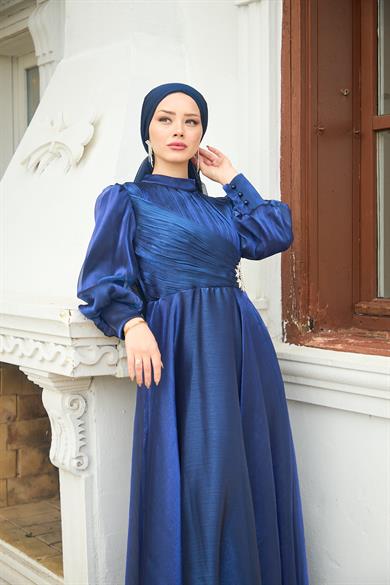 Beli Flower Stone Patterned Evening Dress - Navy Blue