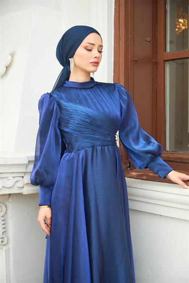 Beli Flower Stone Patterned Evening Dress - Navy Blue