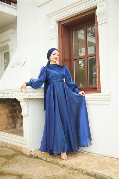 Beli Flower Stone Patterned Evening Dress - Navy Blue