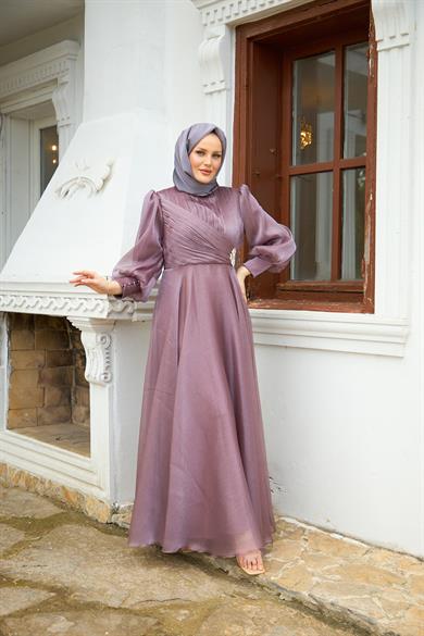 Beli Flower Stone Patterned Evening Dress - Lilac