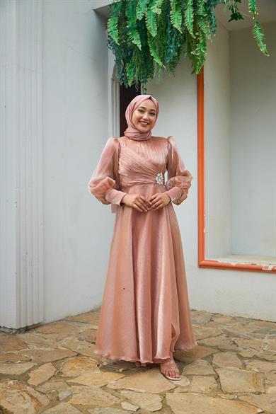 Beli Çiçek Taş Desenli Abiye - Somon