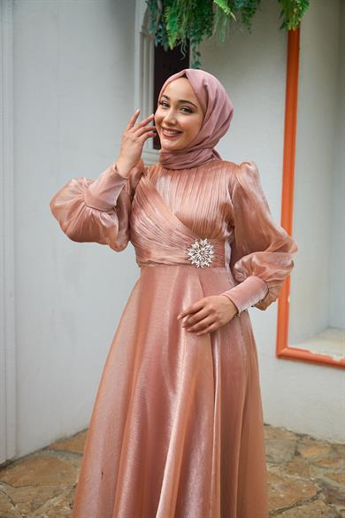 Beli Çiçek Taş Desenli Abiye - Somon