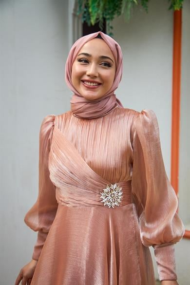 Beli Çiçek Taş Desenli Abiye - Somon