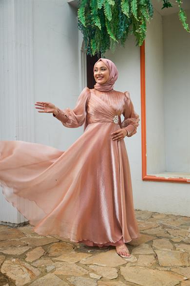 Beli Çiçek Taş Desenli Abiye - Somon