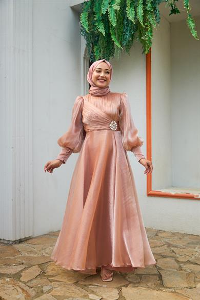 Beli Çiçek Taş Desenli Abiye - Somon