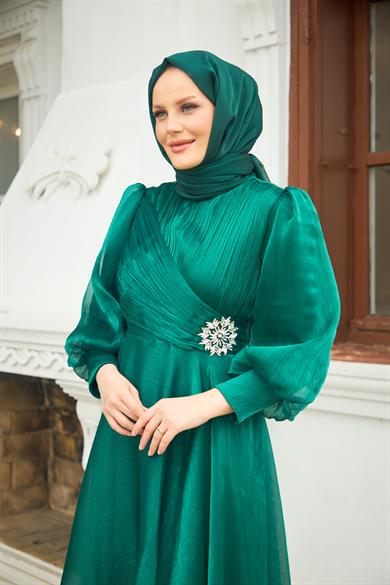 Beli Flower Stone Patterned Evening Dress - Emerald Green