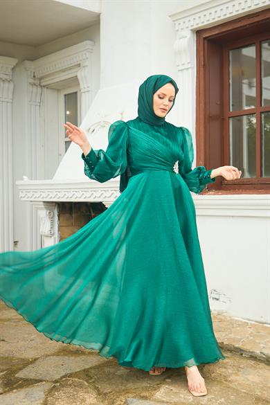 Beli Flower Stone Patterned Evening Dress - Emerald Green