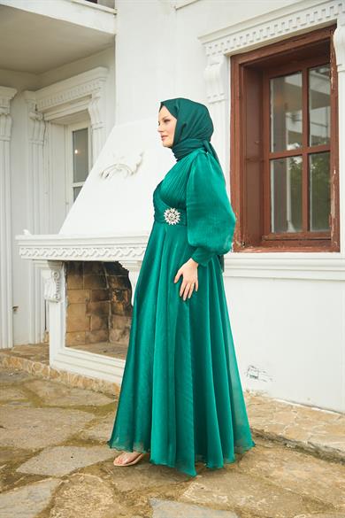 Beli Flower Stone Patterned Evening Dress - Emerald Green