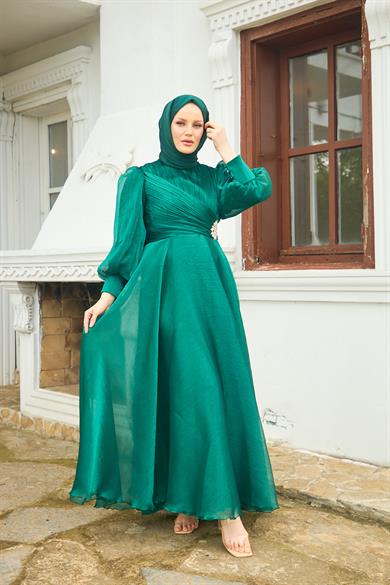 Beli Flower Stone Patterned Evening Dress - Emerald Green