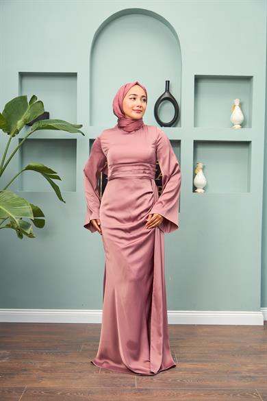 Waist Detailed Evening Dress - Rose