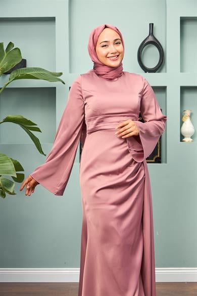 Waist Detailed Evening Dress - Rose
