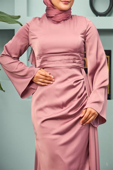 Waist Detailed Evening Dress - Rose