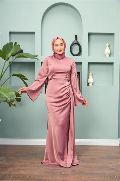 Waist Detailed Evening Dress - Rose