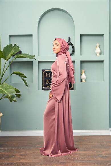Waist Detailed Evening Dress - Rose