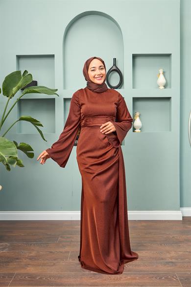 Waist Detailed Evening Dress - Brown
