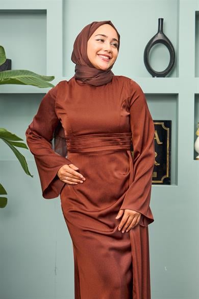Waist Detailed Evening Dress - Brown