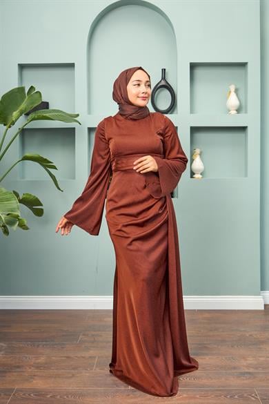 Waist Detailed Evening Dress - Brown