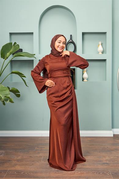 Waist Detailed Evening Dress - Brown
