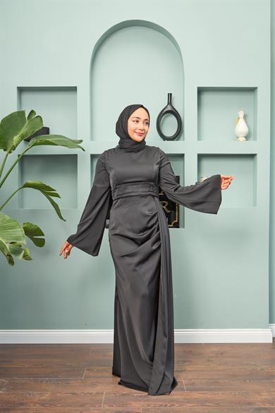 Waist Detailed Evening Dress - Black