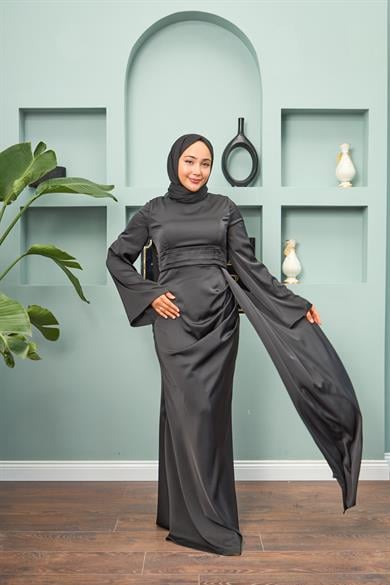 Waist Detailed Evening Dress - Black
