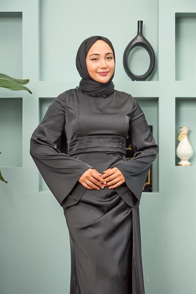 Waist Detailed Evening Dress - Black