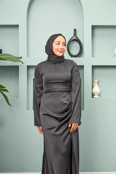 Waist Detailed Evening Dress - Black