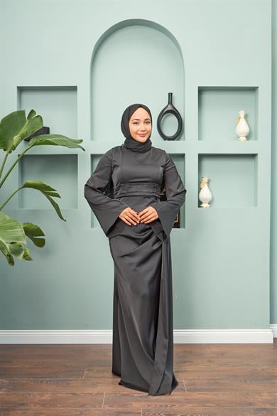 Waist Detailed Evening Dress - Black