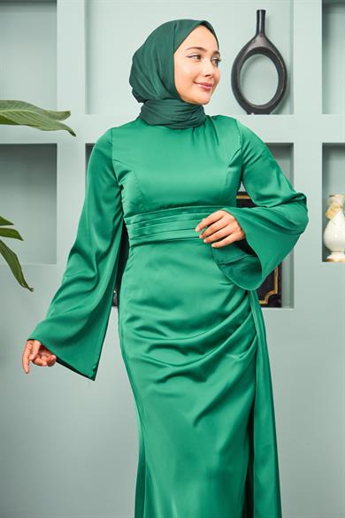Waist Detailed Evening Dress - Green