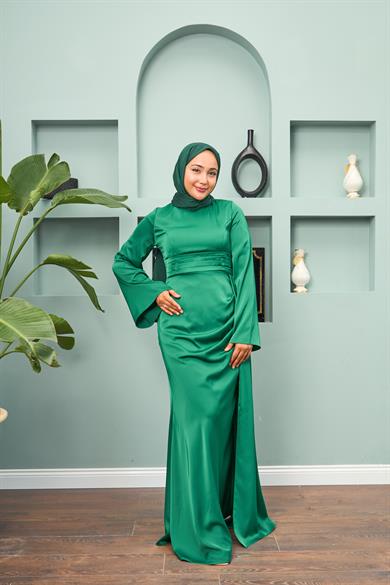 Waist Detailed Evening Dress - Green