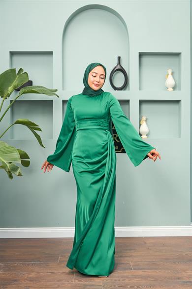 Waist Detailed Evening Dress - Green
