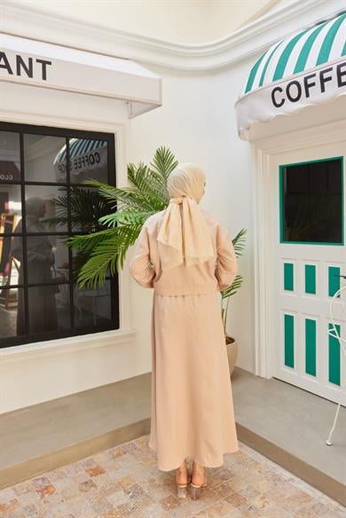 Düğme Detay Etekli Takım - Krem