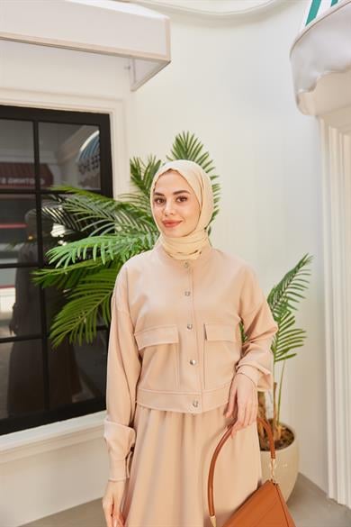 Düğme Detay Etekli Takım - Krem