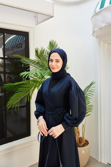 Belinde Gül Detaylı Krep Elbise - Lacivert