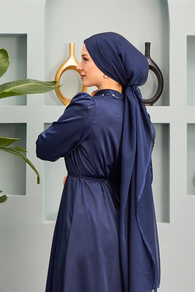 Beren Satin Evening Dress - Navy Blue