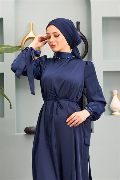 Beren Satin Evening Dress - Navy Blue