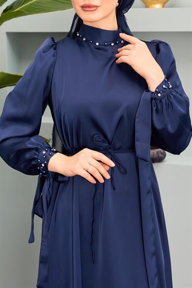 Beren Satin Evening Dress - Navy Blue